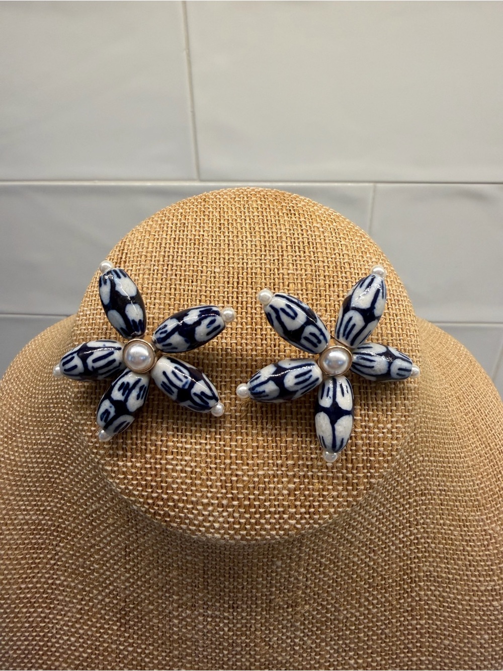 Navy & White Floral Pearl Statement Earrings